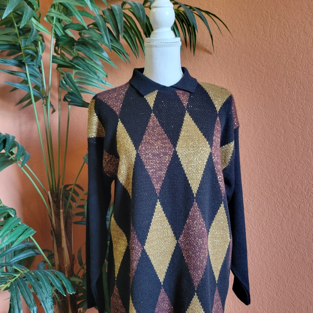 Vintage Mathias Sweater Diamond Print Shimmer Collar Tunic USA Medium